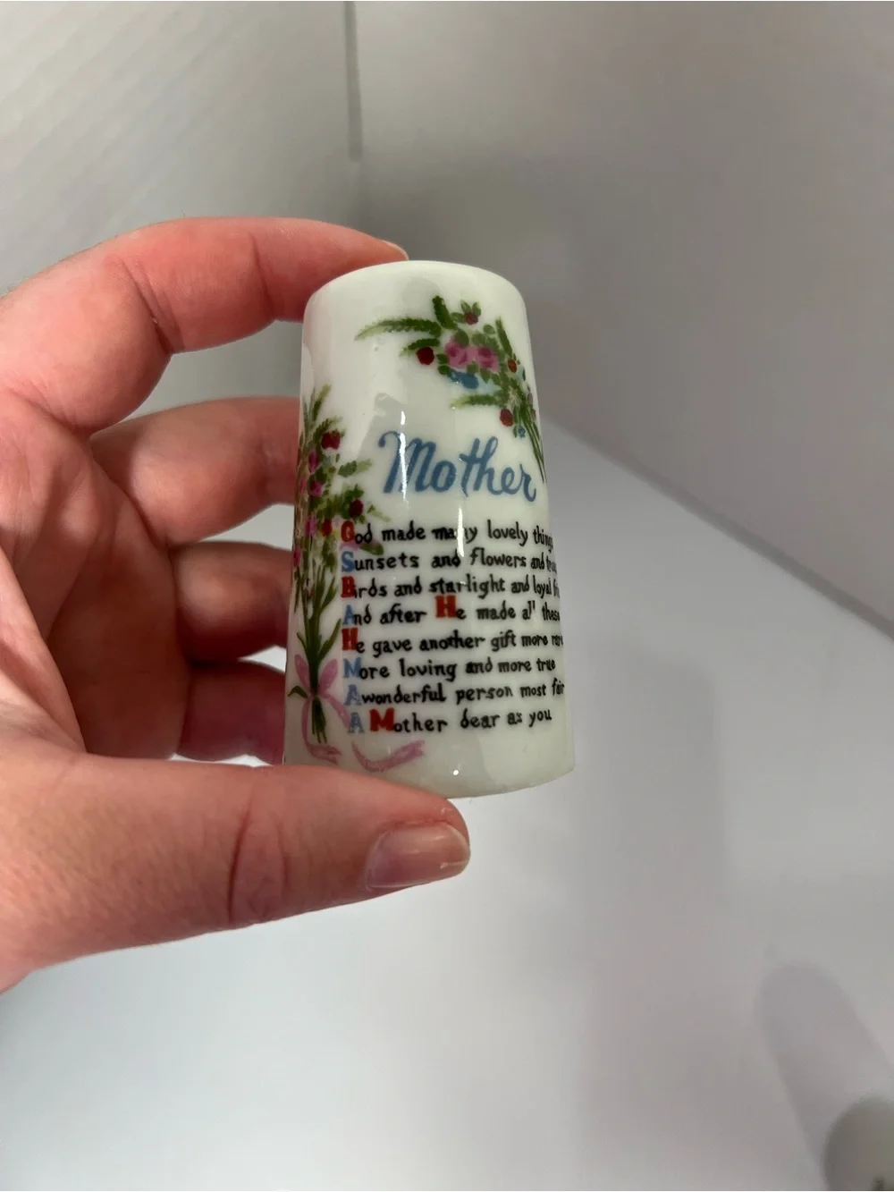 Vintage Porcelain Mother Poem/Tribute Salt & Pepper Shaker
